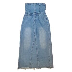 Commense Strapless Denim Maxi Dress Medium Wash Smocked Back Raw Hem Size M